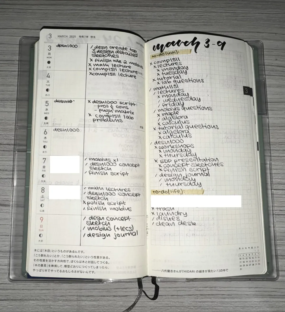 An open Hobonichi Weeks showing handwritten weekly to-do lists